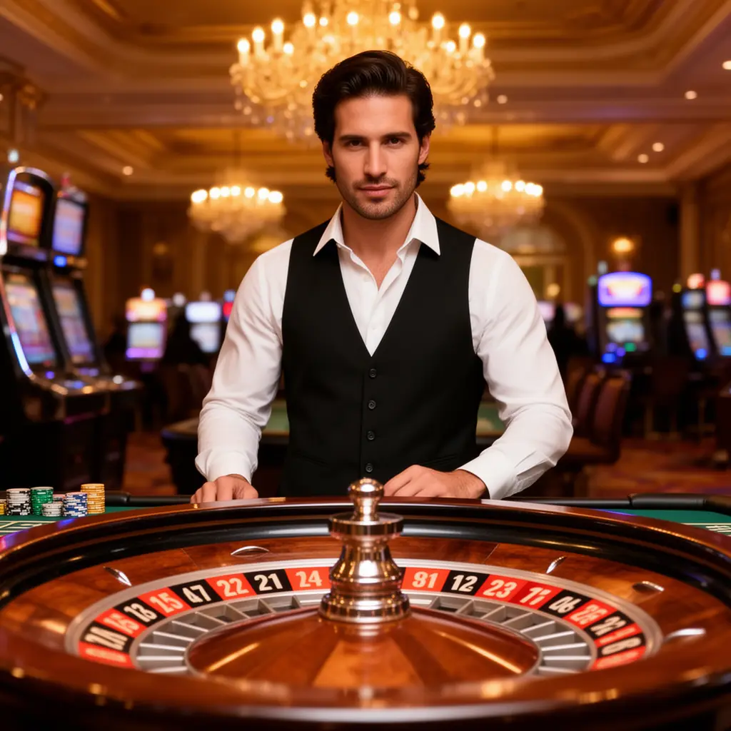 Clásica máquina tragamonedas dorada con sietes rojos y monedas de casino dispersas que simbolizan grandes ganancias y emoción en el casino en línea MXJOY para México MXJOY – Vive una inmersiva acción de casino en vivo hecha para México