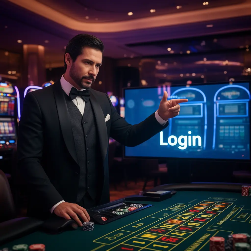 MXJOY Login – Secure and fast access to your gaming account in Mexico Confident casino dealer pointing at a glowing login screen inside a modern MXJOY casino environment for players in Mexico